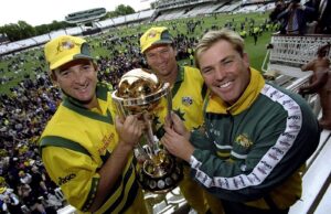 Mark Waugh, Steve Waugh and Shane Warne of Australia after victory over Pakistan in the Cricket World Cup Final at Lord's in London in 1999. Getty Images
