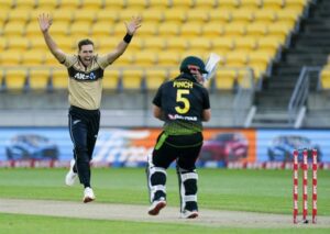 New Zealand speedster Tim Southee reacts after hitting Aaron Finch's pads in the third T20I in Wellington on Wednesday. - AP