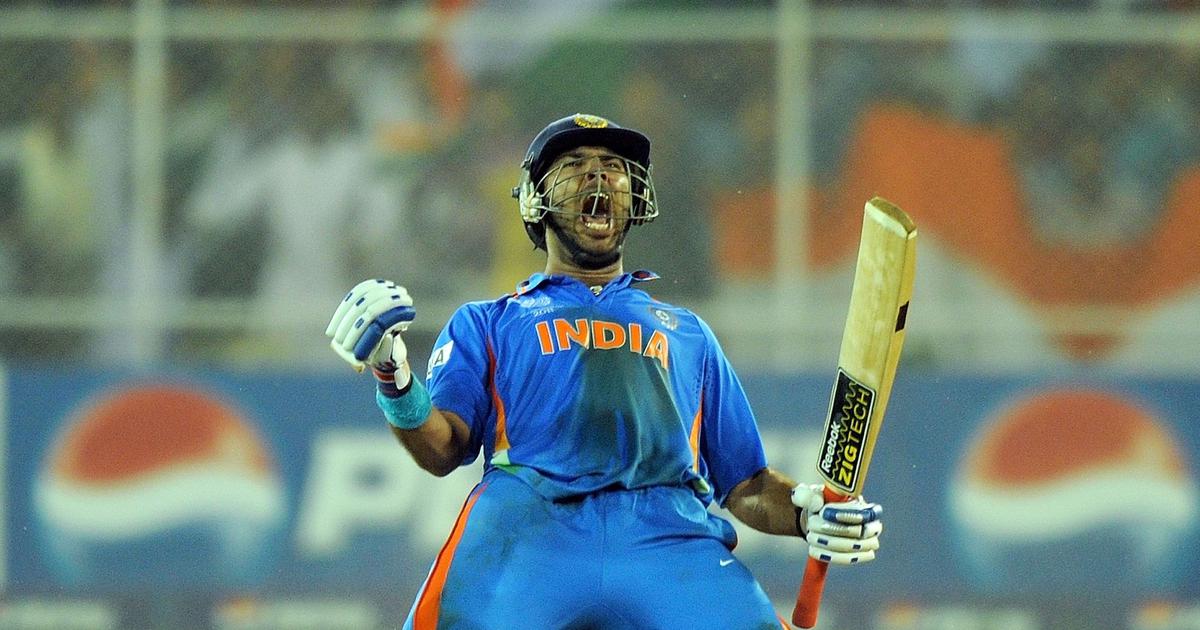 Yuvraj Singh celebrates after guiding India to victory against Australia in the quarter-finals of the 2011 ODI World Cup | AFP / Manan Vatsyayana
