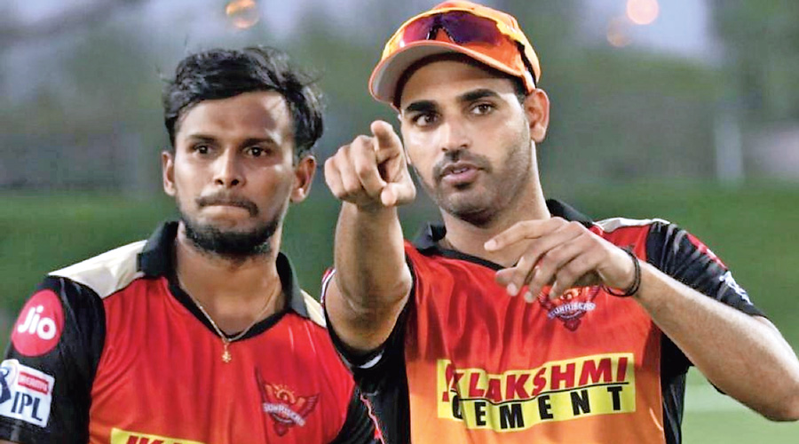 Bhuvneshwar Kumar and T. Natarajan. Picture courtesy: Sunrisers/IPL