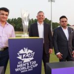 Sourav Ganguly (BCCI president), Manu Sawhney (ICC chief executive) and Jay Shah (BCCI secretary) pose with the T20 World Cup International Cricket Council