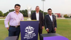 Sourav Ganguly (BCCI president), Manu Sawhney (ICC chief executive) and Jay Shah (BCCI secretary) pose with the T20 World Cup International Cricket Council