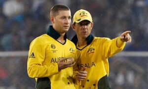 Ricky Ponting, right, is set to be replaced as Australia captain by Michael Clarke. Photograph: Aijaz Rahi/AP