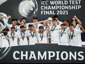 New Zealand's Kane Williamson celebrates with the trophy and teammates after winning the final of the ICC World Test Championship. Photograph: John Sibley/Reuters