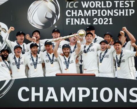 New Zealand's Kane Williamson celebrates with the trophy and teammates after winning the final of the ICC World Test Championship. Photograph: John Sibley/Reuters
