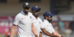 Indian players Ishant Sharma, left, Ravichandran Ashwin, center, and Mohammed Shami