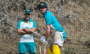 Dan Christian in the nets ahead of the first T20 between Australia and West Indies at Darren Sammy Cricket Ground in Saint Lucia. Photograph: Randy Brooks/AFP/Getty Images