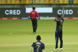 Chamika Karunaratne celebrates a wicket, Sri Lanka vs India, 1st T20I, Colombo, July 25, 2021© SLC