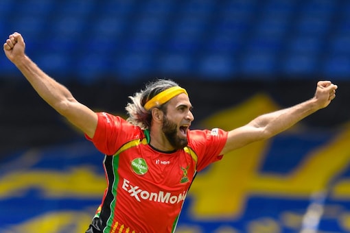 Imran Tahir celebrates the fall of another TKR wicket at the Werner Stadium, St Kitts & Nevis Patriots.