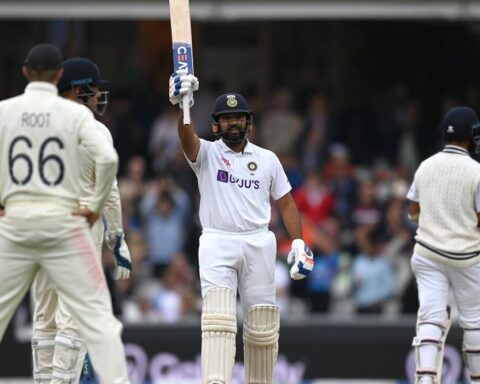 Dilip Vengsarkar, Rohit Sharma celebrates his century during the fourth Test against England. (Twitter/BCCI)