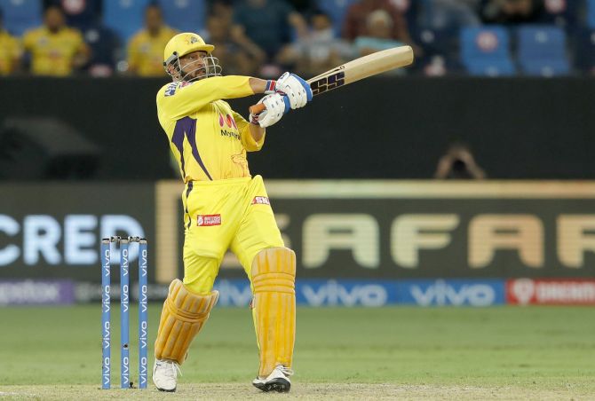 Chennai Super Kings captain Mahendra Singh Dhoni hits a six at the ‘death’ during the Indian Premier League Qualifier 1 match against Delhi Capitals, in Dubai, on Sunday. Photograph: BCCI