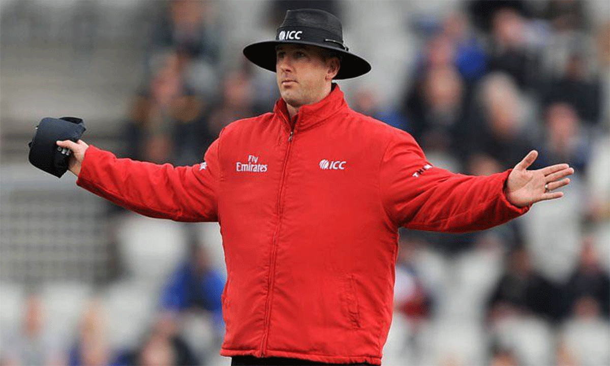 IMAGE: If Umpire Michael Gough comes out clean in the tests during his six-day quarantine, he is expected to resume his umpiring duties but it is still unclear whether an ICC sanction awaits him in future for his actions. Photograph: Getty Images