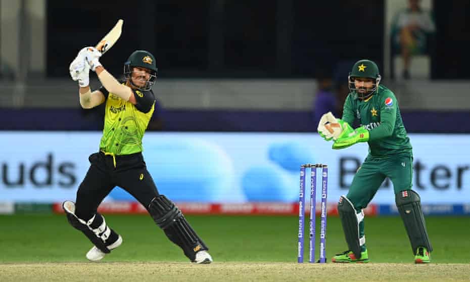 David Warner plays a shot during his innings of 49, which launched Australia on their way to victory. Photograph: Alex Davidson/Getty Images