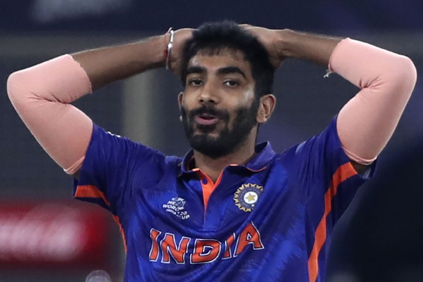 India's Jasprit Bumrah reacts during their ICC T20 World Cup match against Scotland in Dubai, UAE on November 5, 2021. | AP Photo/Aijaz Rahi