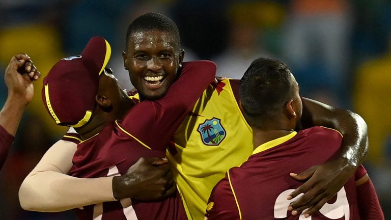 West Indies players celebrate after Jason Holder's four wickets in four balls clinched victory against England (Getty Images)