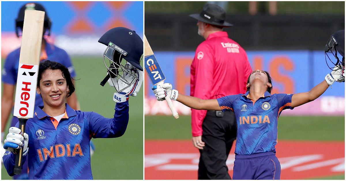 India's Smriti Mandhana (L) and Harmanpreet Kaur (R) celebrate their centuries against West Indies at the ICC Women's Cricket World Cup 2022. | AFP
