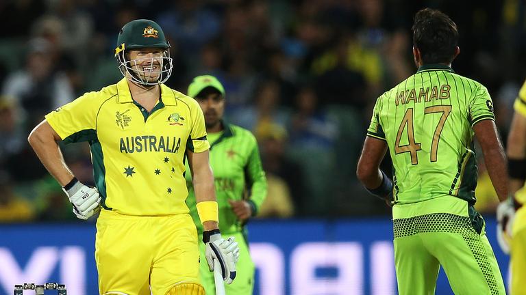 Shane Watson smiles as Pakistan's Wahab Riaz gives it to him. Picture: Phil Hillyard. Source: News Corp Australia