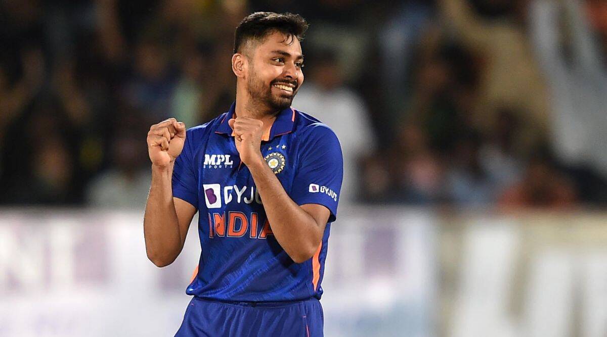 Indian bowler Avesh Khan celebrates a wicket. (PTI)