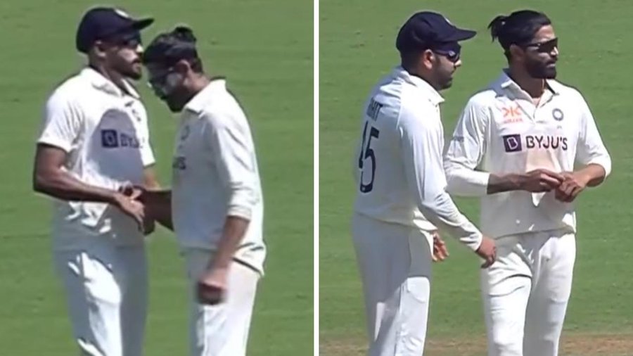 Ravindra Jadeja with Mohammed Siraj and Rohit Sharma