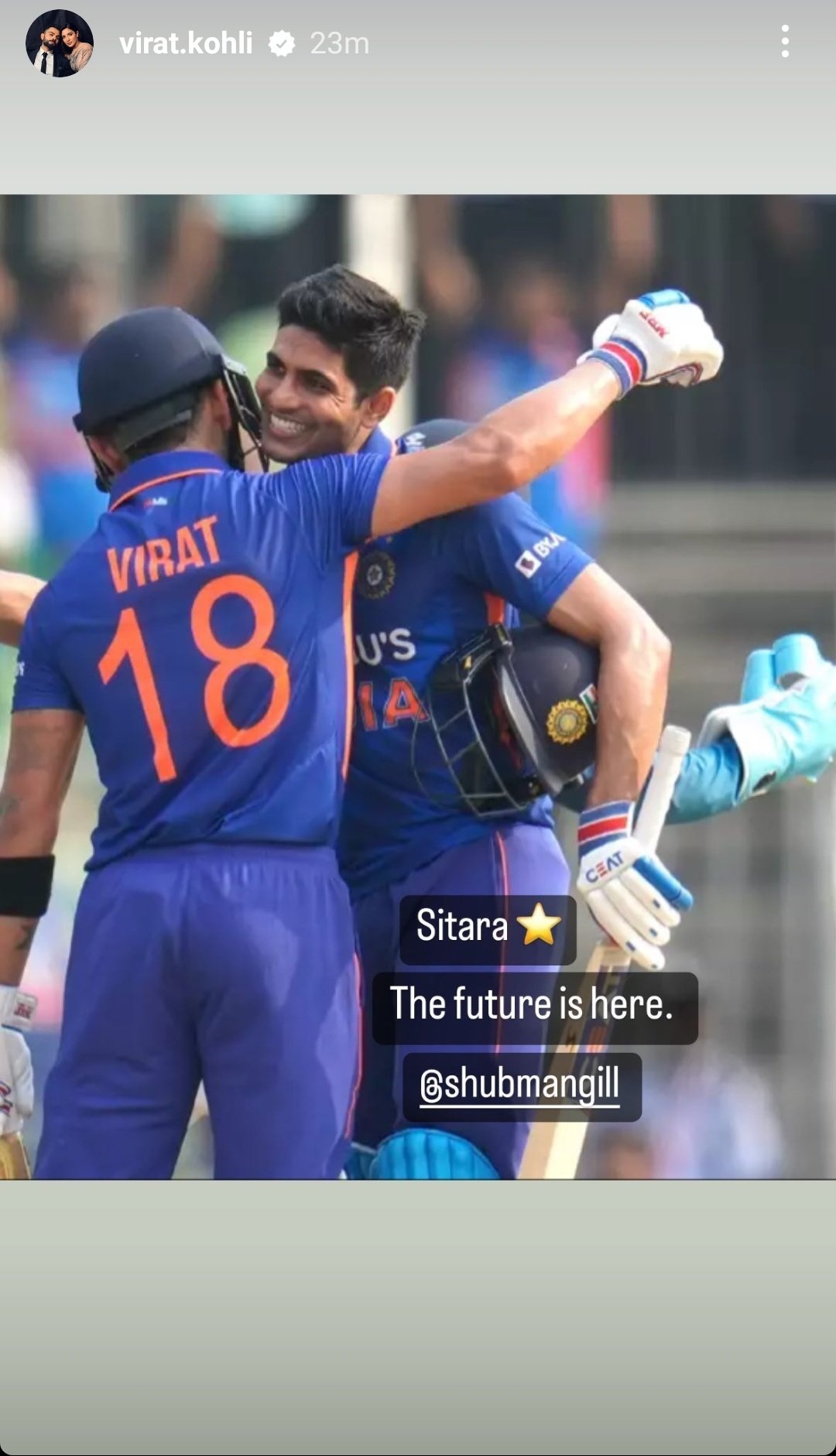 Virat Kohli's Instagram story for Shubman Gill