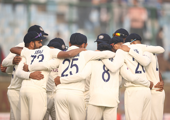 The Indian team huddle during Delhi Test. (Photo by Robert Cianflone/Getty Images)