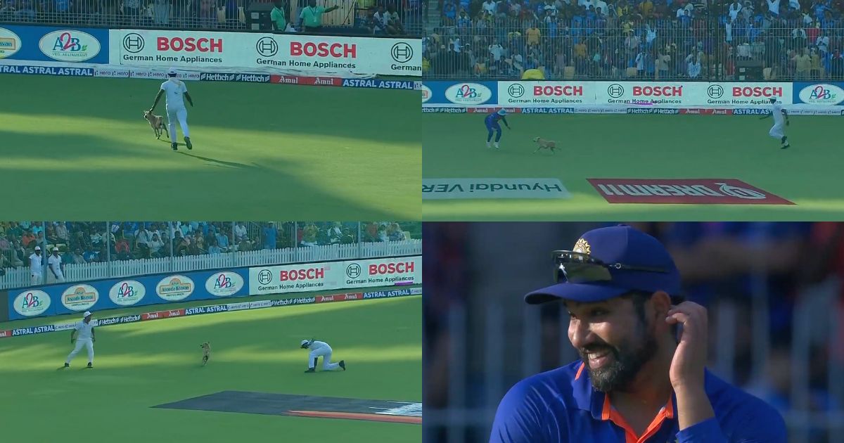 Rohit Sharma laughs as the groundsmen catch the dog