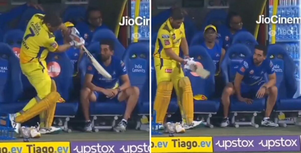 Watch- MS Dhoni Practices Bat Swing In Dugout, Deepak Chahar Hilariously Moves From His Seat To Avoid Getting Hit in RCB vs CSK Match 1