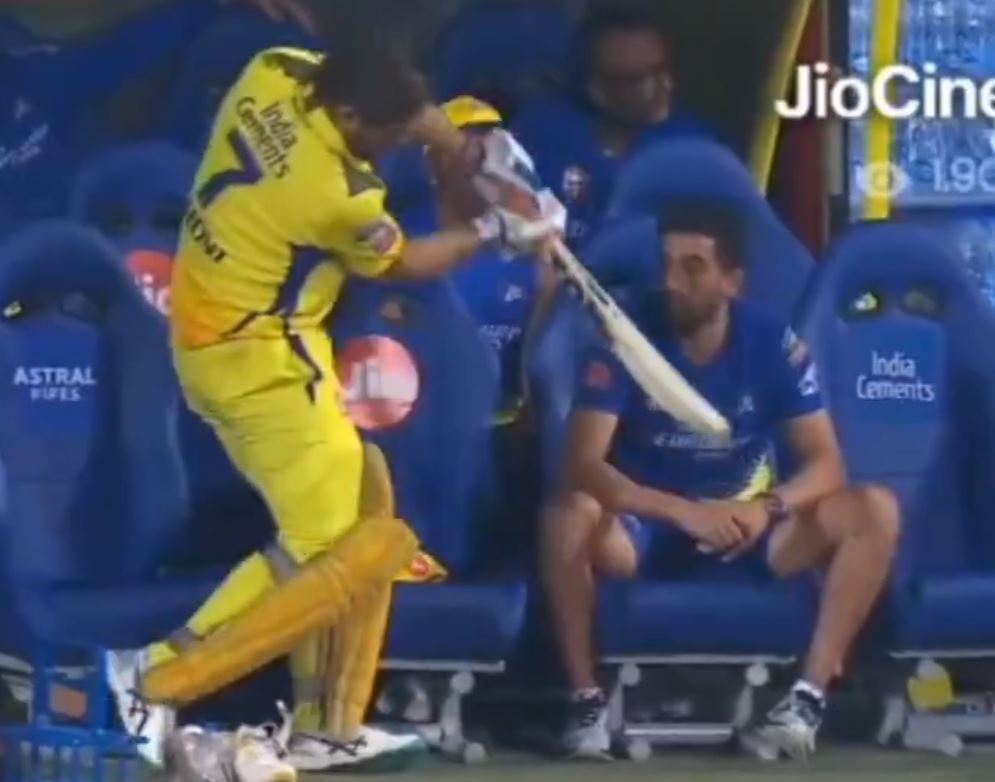 Watch- MS Dhoni Practices Bat Swing In Dugout, Deepak Chahar Hilariously Moves From His Seat To Avoid Getting Hit in RCB vs CSK Match 3