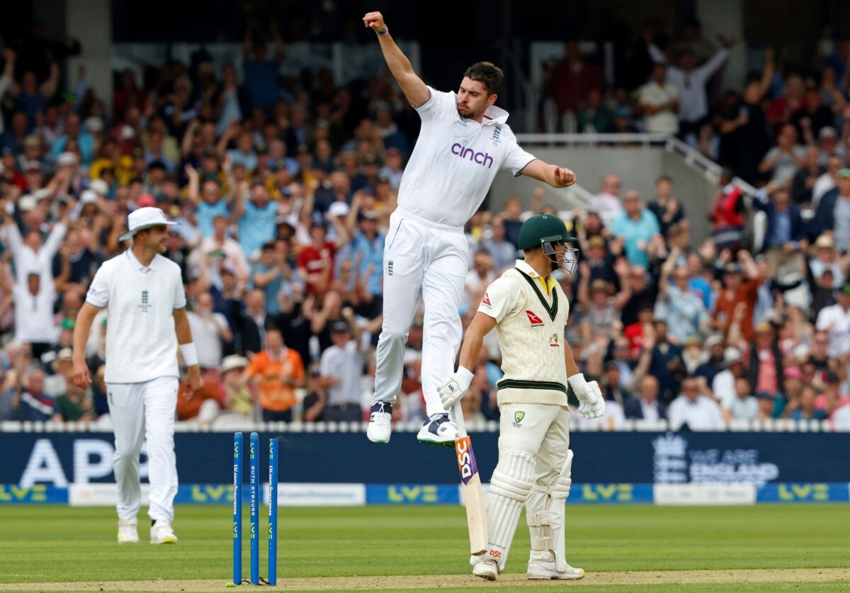 Josh Tongue celebrates David Warner's dismissal