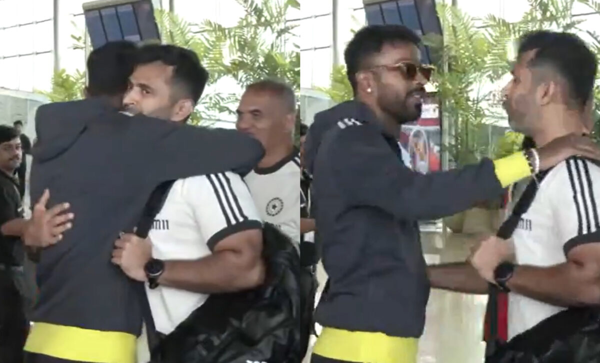 Hardik Pandya hugs Abhishek Nayar. Photo- ANI Twitter