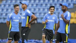 India's coaches- Ryan Ten Doeschate and Gautam Gambhir, and Sanju Samson.