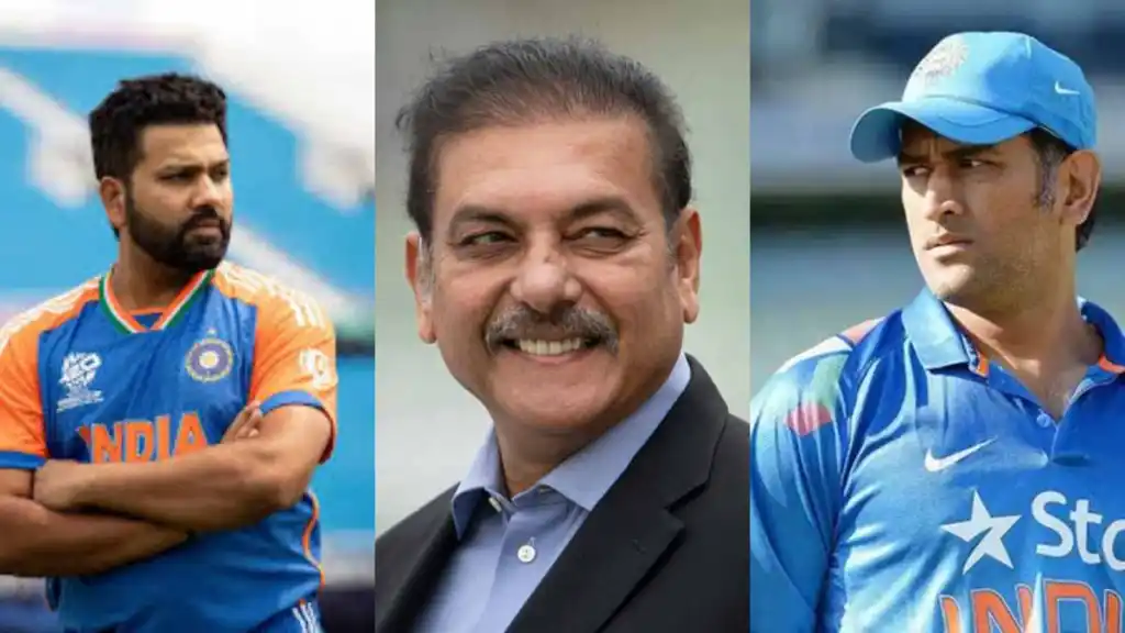 Rohit Sharma, Ravi Shastri and MS Dhoni. Photo- X