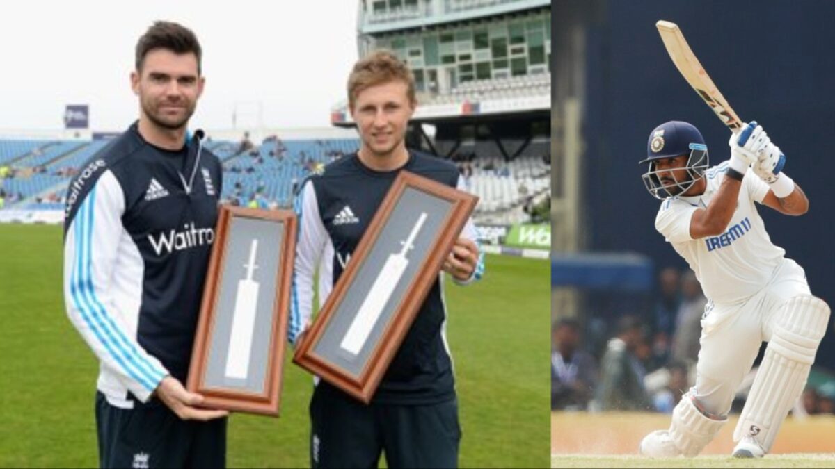 Joe Root, James Anderson and Dhruv Jurel.