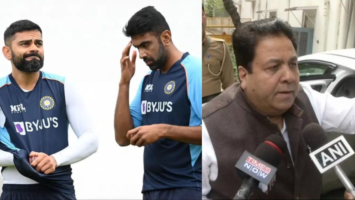 Virat Kohli, Ravichandran Ashwin and Rajeev Shukla.