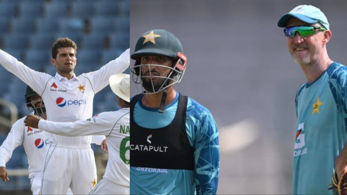 Pakistan's head coach of Test match Jason Gillespie, captain Shan Masood and bowler Shaheen Afridi.