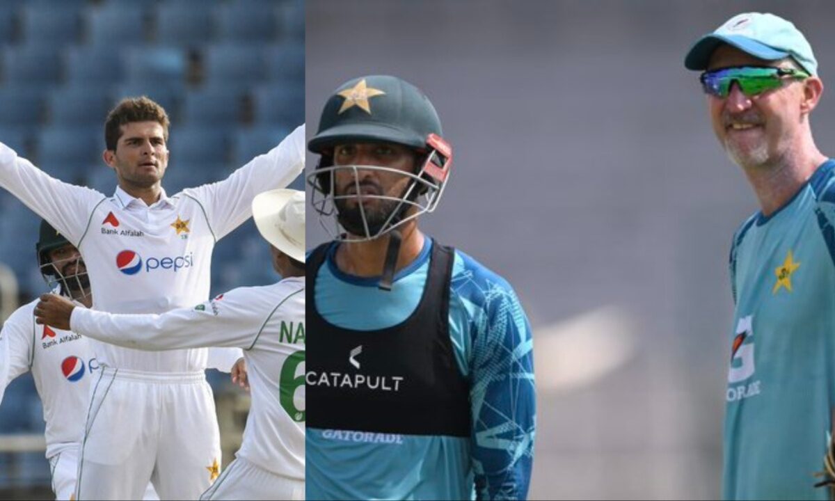 Pakistan's head coach of Test match Jason Gillespie, captain Shan Masood and bowler Shaheen Afridi.