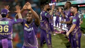 Andre Russell, Shreyas Iyer, Rinku Singh and Varun Chakaravarthy of KKR.