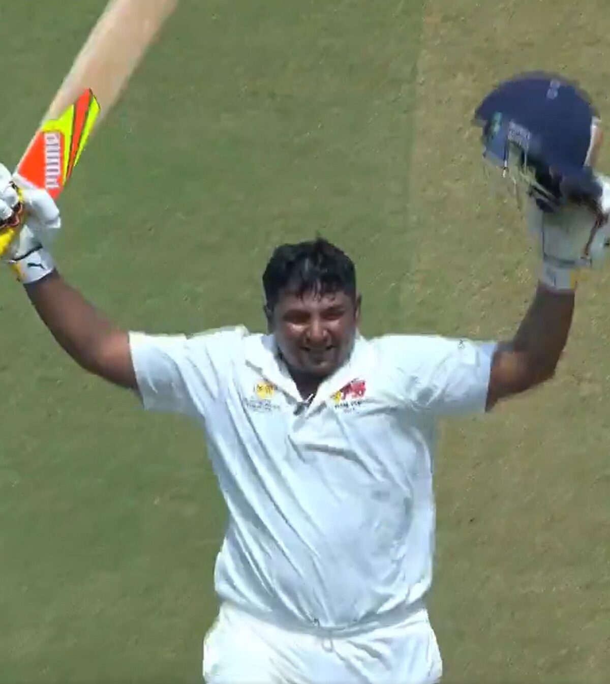 Sarfaraz Khan celebrates his century in Irani Cup 2024. PHoto- BCCI X