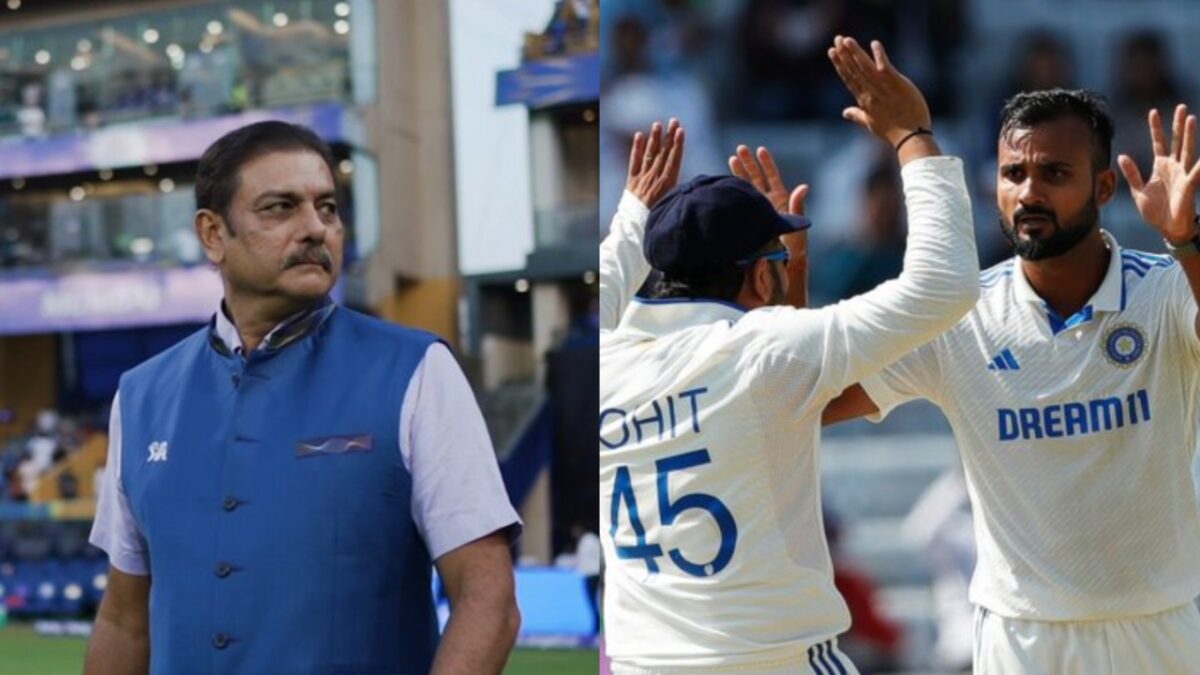 Ravi Shastri, India's Rohit Sharma and Akash Deep.