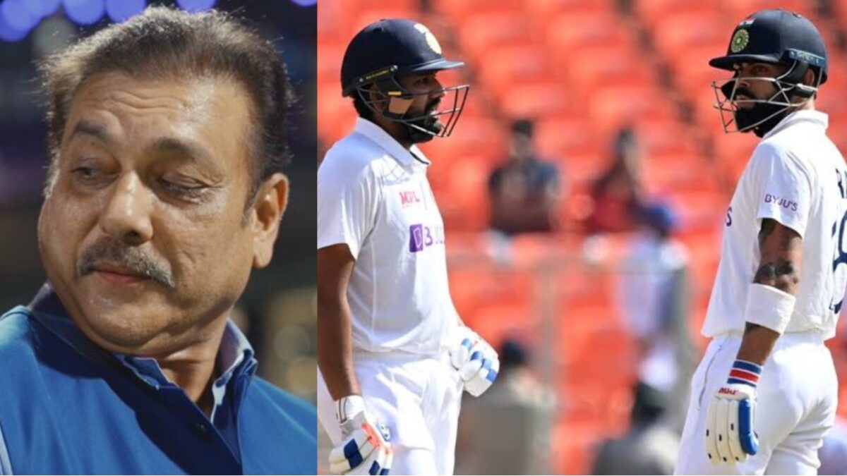 Ravi Shastri, Rohit Sharma and Virat Kohli of India.