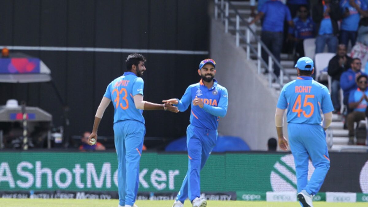 Jasprit Bumrah, Virat Kohli and Rohit Sharma of India.