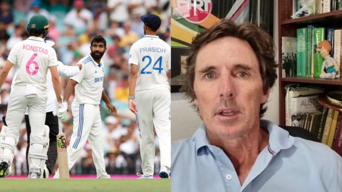 Brad Hogg and Sam Konstas of Australia with India's Jasprit Bumrah and Prasidh Krishna.