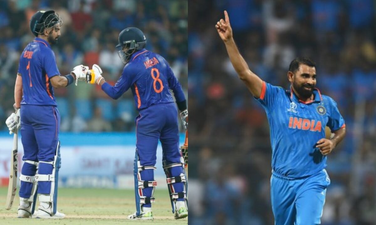 Mohammad Shami, Ravindra Jadeja and KL Rahul of India.