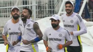 Hardik Pandya, Varun Chakaravarthy, Axar Patel and Mohammad Shami of India.