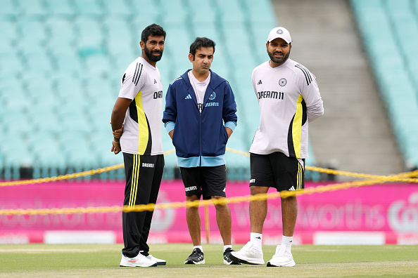 SYDNEY, AUSTRALIA - JANUARY 02: Jasprit Bumrah, India Coach Gautam Gambhir and Rohit Sharma of India inspect the pitch during an India nets session at Sydney Cricket Ground on January 02, 2025 in Sydney, Australia. (Photo by Darrian Traynor/Getty Images)