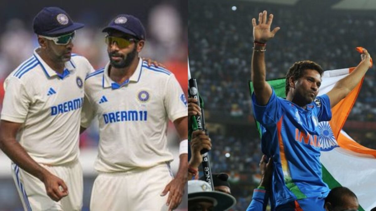 India's Sachin Tendulkar, Jasprit Bumrah and Ravichandran Ashwin.